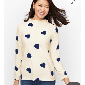 Talbots Funnel Neck Pullover. White with Blue hearts. SOFT! NEW/NWOT. SP